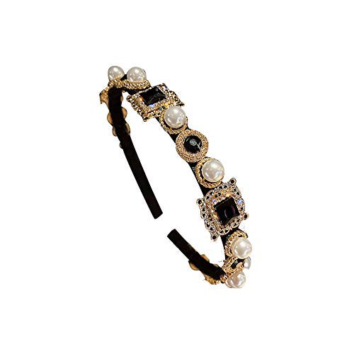 Aimimier Baroque Black Crystal Headband Vintage Gemstone Pearl Crown Delicate Bridal Rhinestone Hair Hoop for Women and Girls (Style 1)