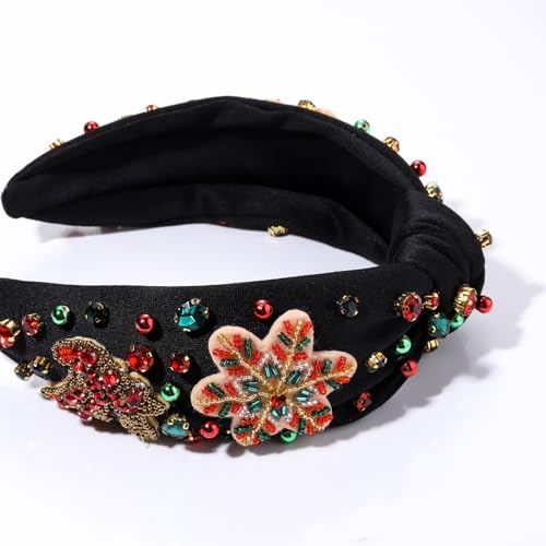 HSWE Christmas Headband for Women Xmas Tree Bow Snowflake Crystal Knotted Headband Red Green Rhinestone Jeweled Embellished Wide Top Knot Hairband Funny Festive Party Gifts (Beaded Snowflake Deer)