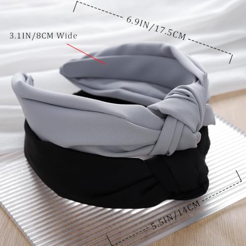 Yovic Black Knotted Headband for Women Top Knot Hairbands Grey Wide Headbands Turban No Slip Hair Accessories 2PCS (Black Gray)