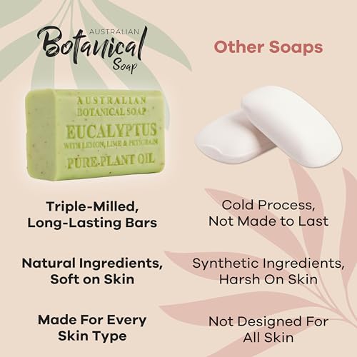 Australian Botanical Soap, Eucalyptus with Lemon, Lime, and Petitgrain 6.6 oz. (187 g) Soap Bars | Natural Soap Base | All Skin Types | Women & Men | Shea Butter Enriched Bar Soap - Pack of 4