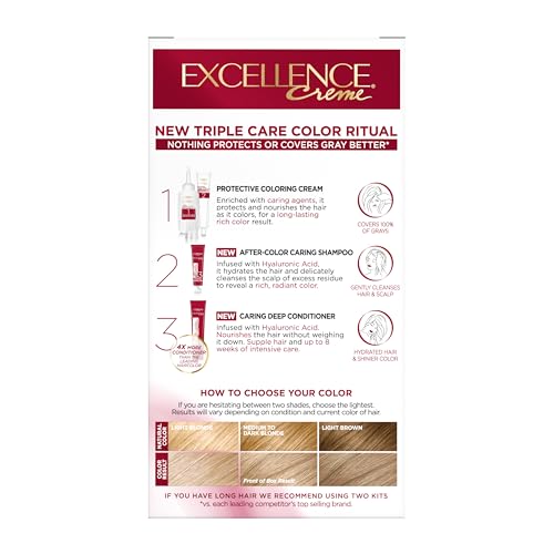 L'Oreal Paris Excellence Crème Permanent Hair Dye, Triple Care Hair Color with Hyaluronic Acid for 100% Gray Coverage, 8.5A Medium Light Ash Blonde, 1 Kit (Packaging May Vary)
