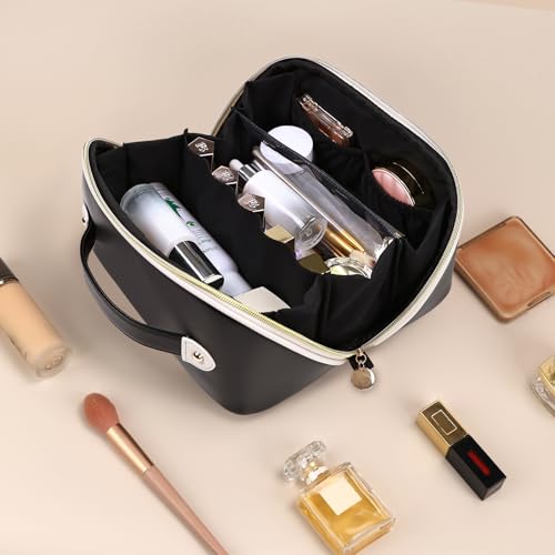 Prite Makeup Bag for Women Travel Waterproof Vegan Leather Cosmetic Bag Open Flat Toiletry Bag With Clear Divider and Handle (Plaid Pink)