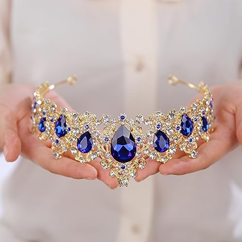 BERYUAN Bridal Baroque Blue Crystal Gold Headpiece Gold Princess Wedding Headband Royal Crystal Rhinestone Hair Costume for Women and Girls (gold)