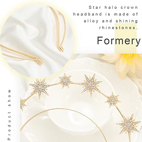 Formery Star Goddess Halo Crown Rhinestone Mary Halo Crown Headbands Cosplay Photo-shoot Halloween Stars Headpiece Hair Accessories for Girls (Gold)