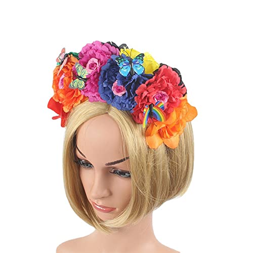 Mexican Flower Crown Headband with Butterfly, Day of the Dead Headpiece, Halloween Easter Festival Headwear, Dia De Los Muertos Hairhoop (Mexican B)