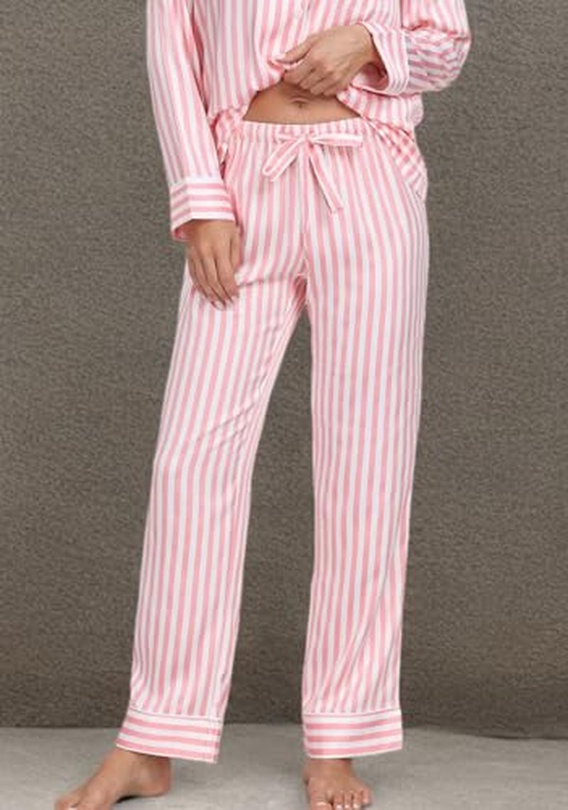 Serenedelicacy Women's Satin Pajama Set Long Sleeve Button Down Sleepwear 2-Piece Silky Pj Set (Small, Tan/Black/Ivory, Leopard)