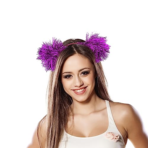 LUX ACCESSORIES Foil Strips Pom Poms Style Cat Ears Fashion Headband (FUCHSIA)