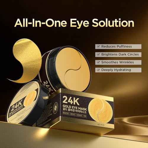 24k Gold Under Eye Patches - Firming, Glowing & Hydrating Hydrogel Mask for Puffy Eyes, Dark Circles, Wrinkles, Eye Bags Treatment, Gifts for Women and Men, 60Pcs Black