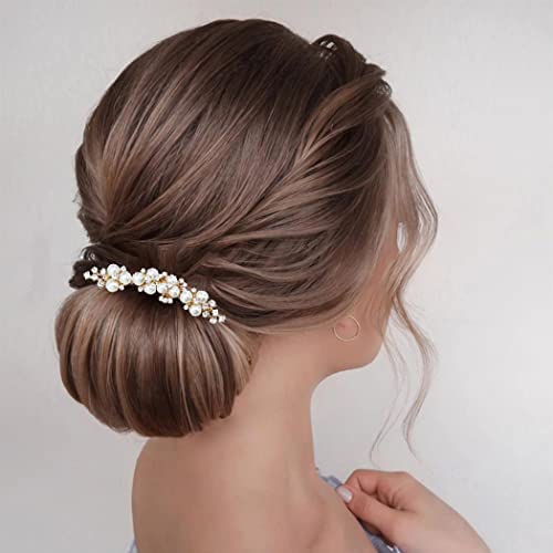 Brishow Wedding Hair Combs Gold Pearls Bridal Hair Accessories Crystal Brides Headpiece Hair Clip for Women and Girls 2 Pieces (Gold)