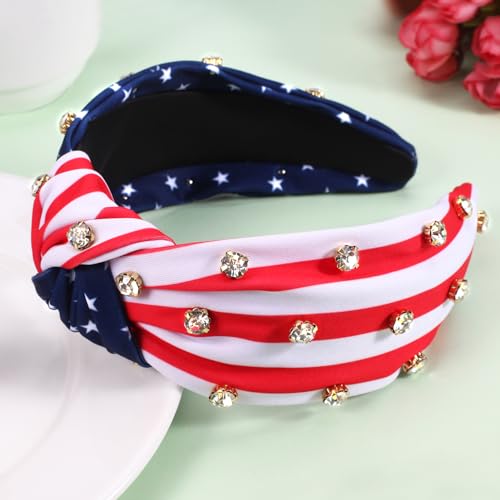 Ardorchid American Flag Knotted Headbands 4th of July Independence Day USA Patriotic Rhinestone Hair Accessories Wide Knotted Headbands for Women Girls Gifts