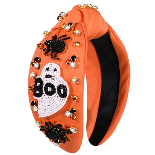 NVENF Halloween Headband Accessories for Women Crystal Pearl Knotted Headband Embellished Beaded Pumpkin Candy Corn Boo Headbands Rhinestone Jeweled Top Knot Headband Costume Party Favors (Ghost 4)