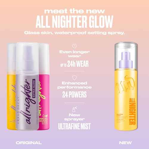 Urban Decay All Nighter Waterproof Makeup Setting Spray - Glass-Skin Glow Finish, Up to 24HR Wear, Ultra-Fine Facial Mist, Dewy Foundation Face Primer, Smudge-Proof, Transfer-Resistant, Niacinamide