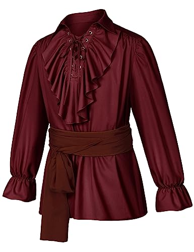 Irtysh Men's Renaissance Victorian Medieval Pirate Shirt Lace Up Colonial Steampunk Costume Tops Waist Belt Set(Red S)