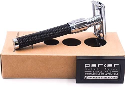 Parker 92R Heavyweight Double Edge Safety Razor - Graphite Gray Long Handle with 5 Premium Blades