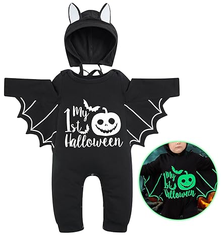 Goodstoworld Halloween Baby Bat Newborn Infant Boy Outfit Rompers 3-6 Month Girl Glowing Stuff Gender Neutral Clothes Black Long Sleeve Bodysuit with Hat