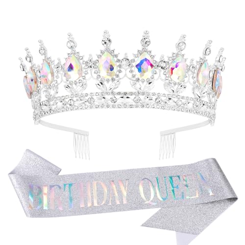 Vovii Birthday Crown & Sash Set for Women, AB Rhinestone Tiara & Birthday Queen Sash for Women Birthday Decorations, Happy Birthday Party Decorations for Birthday Crown Adult Woman