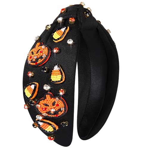 NVENF Halloween Headband Accessories for Women Crystal Pearl Knotted Headband Beaded Pumpkin Candy Corn Boo Headbands Rhinestone Jeweled Top Knot Headband Costume Party Favors (Candy Corn+Pumpkin)