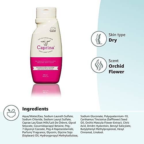 Caprina by Canus Amazing Body Wash, Orchid Oil, With Fresh Canadian Goat Milk, Gentle Soap, Moisturizing, Vitamin A, B2, B3, & More, 16.9 Fl Oz