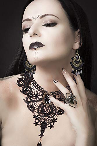 Plage Goth Necklaces Earrings Lace Bracelet Ring set for women Vintage Vampire Black Lace Choker Necklace Punk Rock Collar Gothic Necklace Halloween Party Cosplay (Necklace Bracelet earrings)