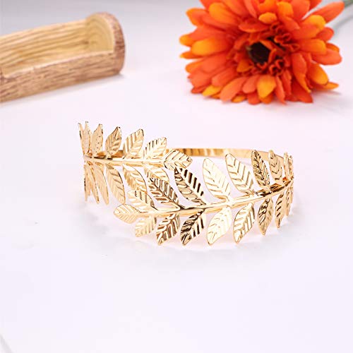 FUNRUN JEWELRY 4PCS Greek Godess Headband Costumes for Women Laurel Bracelet Armband Gold Leaf Headband Crown Armlet Upper Arm Band Bracelet Adjustable for Wedding Party