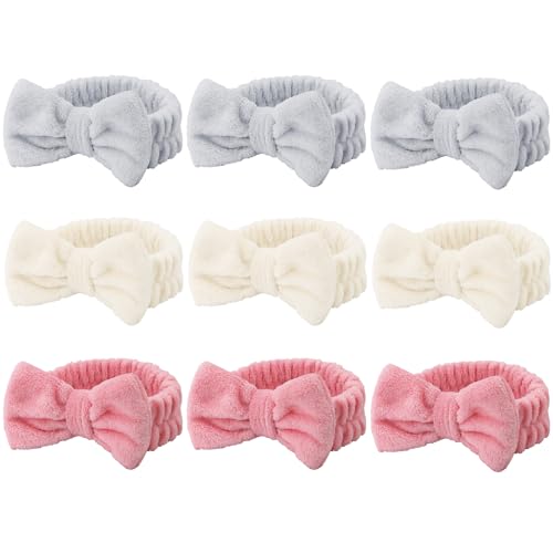 Casoty 9 Pcs Skincare Headbands, Sleepover Party Favors, Bow Hair Band, Soft Coral Fleece Spa Headband, Facial Headband for Face Washing Shower Yoga Spa Party