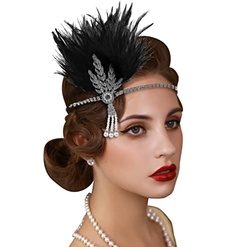 1920s Vintage Flapper Headbands Crystal Headpiece Ostrich Feather Hair Band for Women Girls Prom Party Festival Gatsby Hair Jewelry (B-Silver-black)