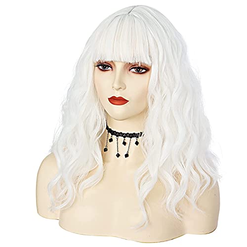 JoneTing White wig +(Wig Cap) with Bangs Cosplay Costume Synthetic Short Natural Wavy Wigs for Women Halloween Christmas Costume Party Wig