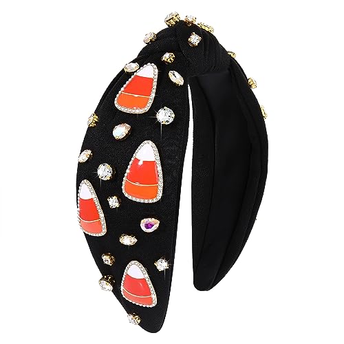 Halloween Headbands Rhinestone Knotted Headband for Women Crystal Spider Candy Corn Jeweled Embellished Wide Top Knot Hairband Halloween Cosplay Party Hair Accessories (Candy Corn Knot Hairband)