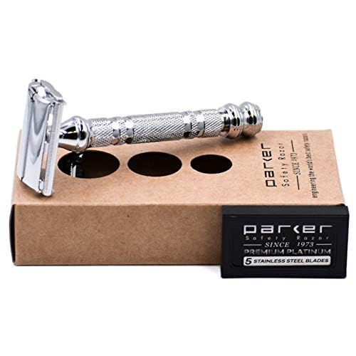 Parker 66R Butterfly Safety Razor - Long Handle Twist-to-Open Brass Frame for Comfortable Shaves | 5 Blades Included