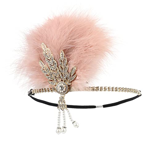 STIOEDYUAN 1920s Flapper Feather Headband Art Decor Gatsby Rhinestone Leaf Medallion imitation Pearl Headpiece Hair Accessories Women (Pink)