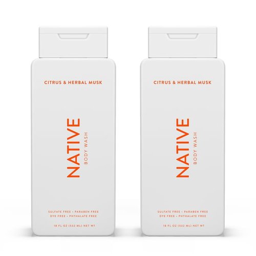 Native Body Wash - Naturally Derived Ingredients | Sulfate, Paraben & Dye Free | Citrus & Herbal Musk, 18 oz (Pack of 2)