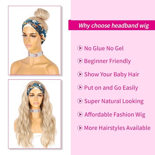 SAPPHIREWIGS Headband Wig Long Wavy Wigs for Women Highlight Blue Wig Glueless Synthetic Wigs 26 Inch Headwrap Wigs with Headband Attached