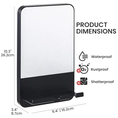 TAILI Fogless Shower Mirror, Anti-Fog with Razor Holder, Suction Shaving Mirror with Storage Tray, Rust-Proof, Shatterproof, Removable for Bathroom, Shower Accessories, Black