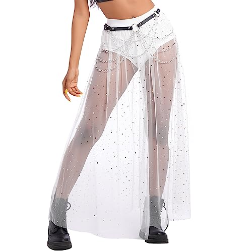 Women's Sheer Mesh 2 in 1 Glitter Sequin Elasticized High Waist A Line Party Maxi Skirt Sparkle Galaxy Sequin Tulle Cover ups Festival Outfits Costume White Stars S