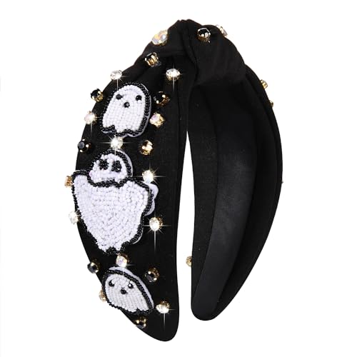 Halloween Headbands for Women Halloween Accessories Beaded Boo Trick or Treat Knotted Headband Embellished Rhinestone Pearl Top Knot Headbands Halloween Costume Party Hair Accessory (Ghost 2)