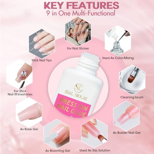 SSAL NOLAE Brush-On Nail Glue for Press On Nails- Salon Quality for Acrylic, Fake Nails. Quick Dry, Long Lasting, No UV Dehydrator or Primer Needed Brush On Gel Nail Glue