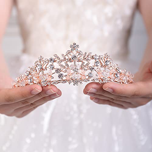 JWICOS Rhinestone Princess Crowns for Women and girls Wedding Bridal Party (Rose and Gold)