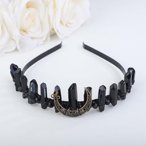 Teyglen Raw Crystal Quartz Headband Clear Crystal Headband Quartz Rhinestone Hair Hoop Band Moon Goddess Witch Headpiece Handmade Natural Stone Headpiece for Women Girls (Black)