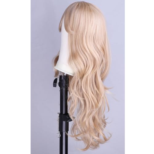 BERON Blonde Wigs Long Curly Wavy Women Wigs with Bangs Ash Blonde Curly Heat Resistant Synthetic Wigs for Daily Wigs Wig Cap Included