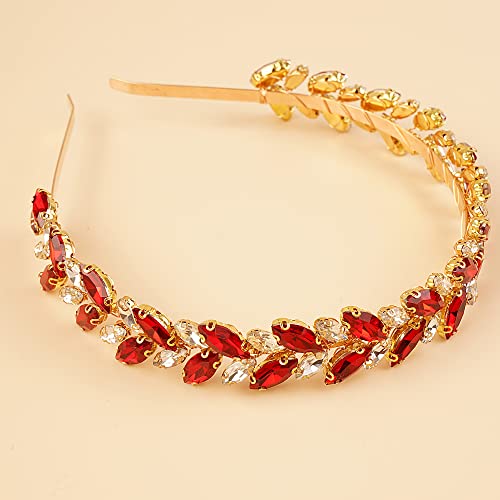 Kercisbeauty Ruby Red Rhinestones Hair Tiara Ladies Handmade Crystal Gold Hair Crown for Women and Girls Bridal Shower Hair Piece Jewelry (Red)