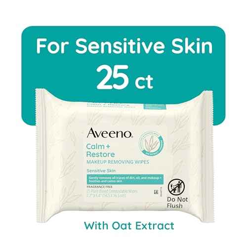 Aveeno Calm + Restore Unscented Makeup Remover Face Wipes, Fragrance Free Facial Cleansing Towelettes with Oat Extract & Calming Feverfew Leave Skin Feeling Soothed, Alcohol Free, 25 ct