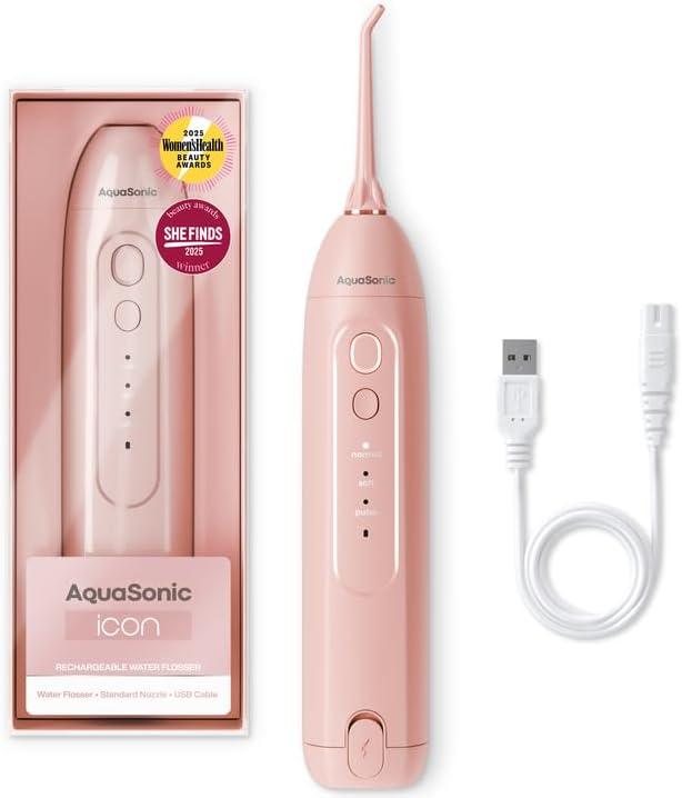 AquaSonic Icon Water Flosser - Cordless Rechargeable Oral Irrigator for Dental Cleaning - Blush