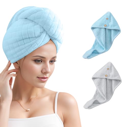 GMELOV 1 Pack Thick Microfiber Hair Towel for Wet Hair Super Absorbent Hair Towel Wrap for Women Girls to Dry Hair Quickly Hair Turban Wraps with Bottons for Bath Makeup Spa for All Hair Styles