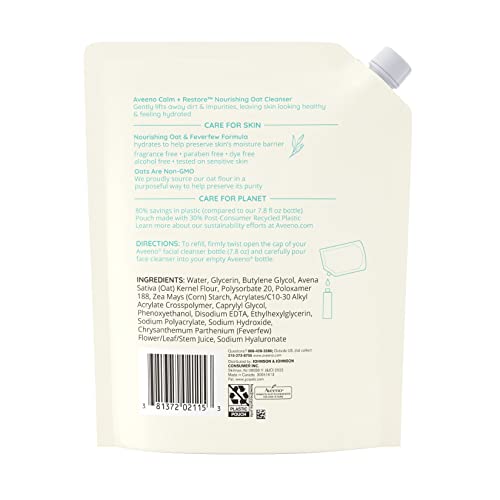 Aveeno Calm + Restore Nourishing Oat Cleanser, Daily Hydrating Facial Cleanser & Face Wash for Sensitive Skin, Non-Foaming, Hypoallergenic, Non-Comedogenic, Fragrance-Free, with Feverfew, 7.8 fl oz