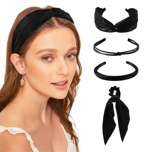 DOCILA Black Headbands For Women, Womens Satin Knotted Hair Bands Head Bands, Woman Silky Hair Scarf Scrunchies Hair Ribbons, Black Hair Accessories