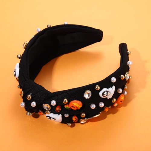 Halloween Headband Rhinestone Knotted Headband for Women Pumpkin Corn Ghost Charm Crystal Embellished Wide Top Knot Hairband Halloween Cosplay Party Hair Accessories