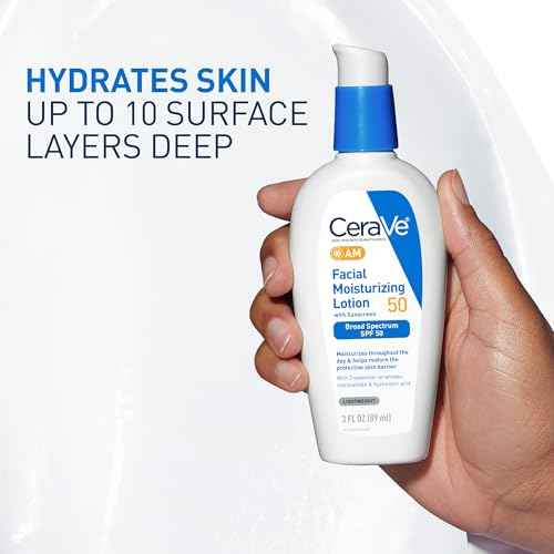 CeraVe AM Facial Moisturizing Lotion SPF 50, Face Moisturizer with SPF, Hyaluronic Acid, Niacinamide & Ceramides, Non-Greasy, Blends Seamlessly With No White Cast, Non Comedogenic Sunscreen, 3 Oz