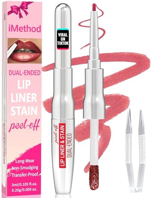 iMethod Lip Liner Stain - Lip Stain, 2-In-1 Dual-Ended Peel Off Lip Stain with Tweezer, Natural Long Lasting Peel Off Lip Liner, Easy to Use for All Skin Types, Stay All Day, Cocoa