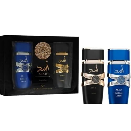 Lattafa Asad 5th Anniversary Edition ? Spicy, Woody, Amber, Sweet ? 2 Piece Eau de Parfum Gift Set for Men (Asad + Asad Zanzibar, 2 ¡¿ 3.4 Ounce / 100 ml Sprays)