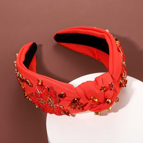 ZOLEAROPY Thanksgiving Headband Fall Headband Accessories Rhinestone Crystal Beaded Maple Leaf Knotted Hairband Fall Autumn Wide Head Band Thanksgiving Party Costume Gift